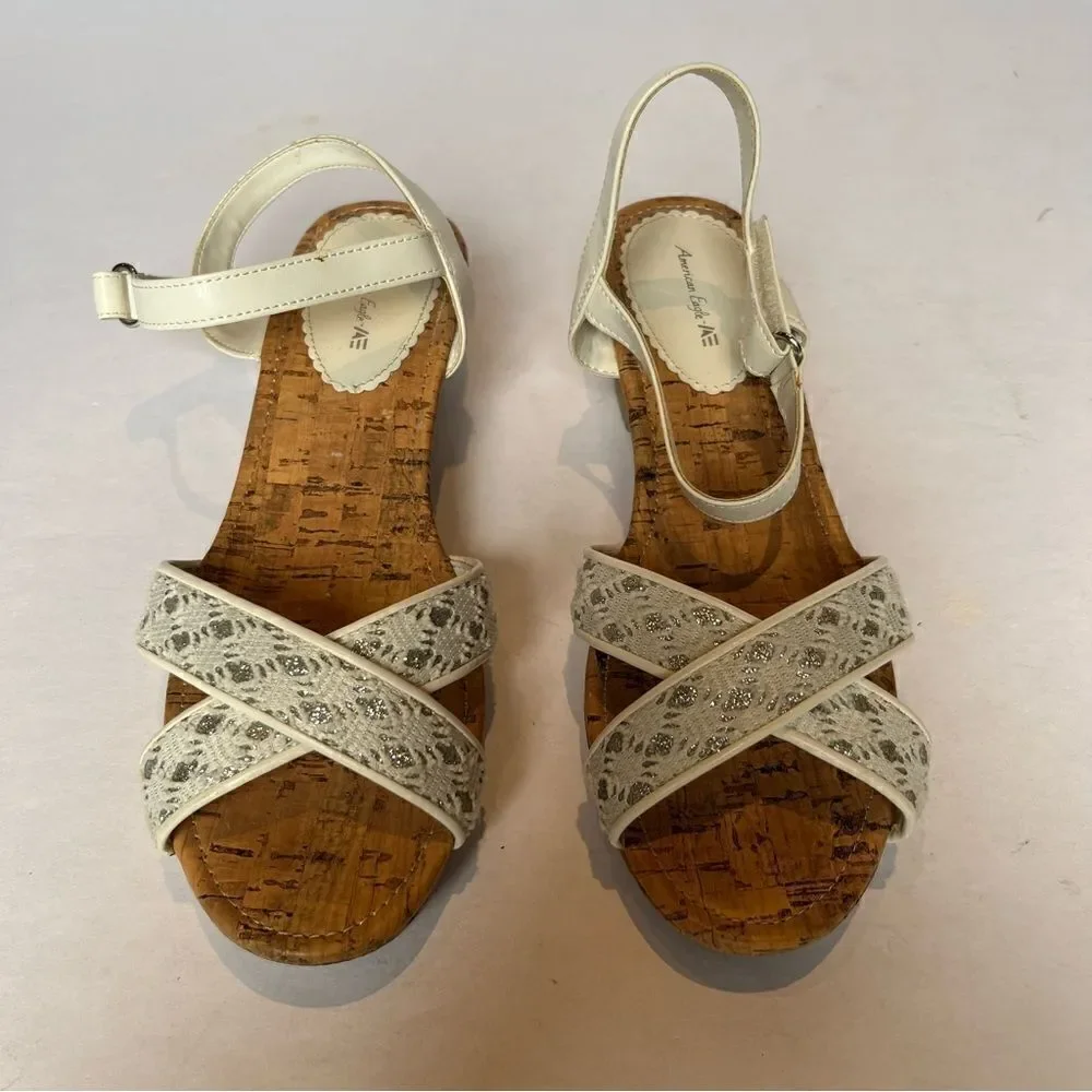 American Eagle Girl's Slingback Sandals Cork Wedge Cream/Silver Size 4 1/2